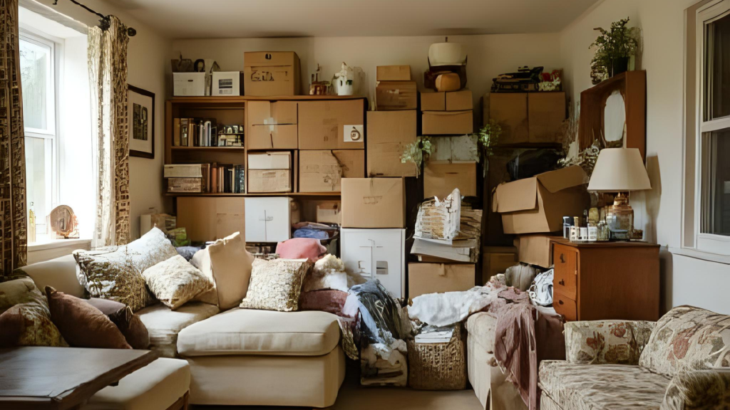 Cluttered, messy living room before a junk removal cleanout